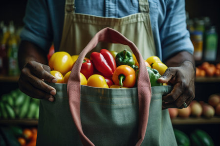 A woman holding a shopping bag full of fruit and vegetables in front of a produce stand at an outdoor farmers market. She is smiling and looking at the camera.. Generative Aiの素材