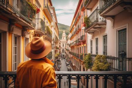 A solo traveler explores a charming European city on vacation. Generative Aiの素材