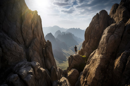 A person standing on the edge of a rocky cliff with mountains in the background. Generative Aiの素材