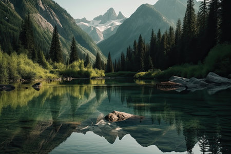 Small mountain lake with rocks and trees. Generative Aiの素材