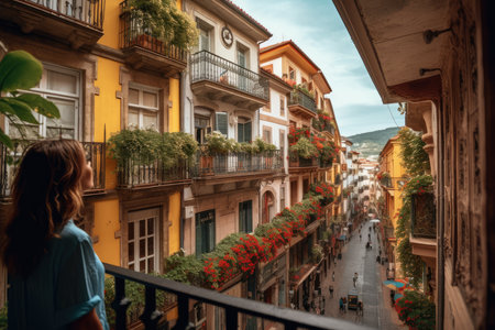 A man stands on a balcony overlooking a city street. Generative Aiの素材