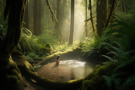A man is seen sitting in a river in the middle of a forest surrounded by lush green trees and moss covered rocks with water flowing down. Generative Aiの素材