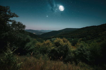 A starry night sky with a full moon above the mountains and trees, taken from an overlook point on the blue ridge trail.. Generative Aiの素材