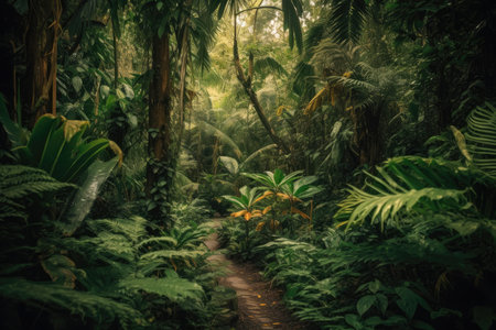 A peaceful path through a lush forest filled with vibrant vegetation and the sounds of wildlife. Generative Aiの素材