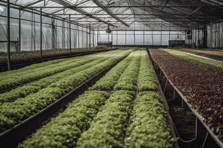 A greenhouse filled with rows of green and red lettuce. One plant being grown on the right side. Generative Aiの素材