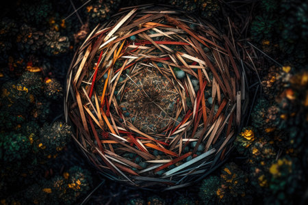 An abstract image featuring a birds nest in the middle of a forest filled with leaves and twigs, surrounded by branches. Generative Aiの素材