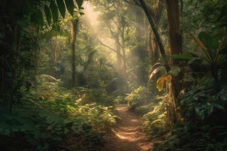 A path winds through a vibrant tropical forest, surrounded by lush foliage and filled with the sounds of wildlife. Generative Aiの素材