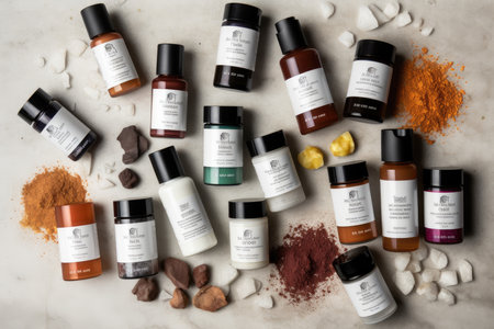 Many different types of skin care products on a white surface with scattered red and orange powders around them, as well. Generative Aiの素材