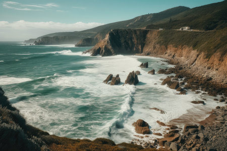 A panoramic view of the ocean waves crashing on the rocks and cliffs in the distance, taken from an overlook point at Cape Town. Generative Aiの素材