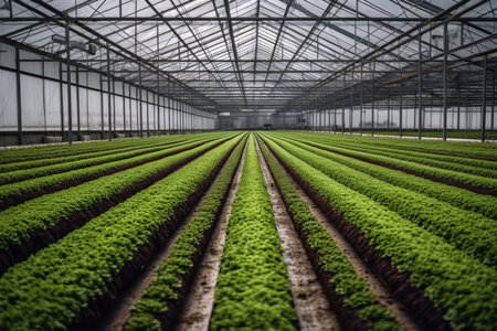Overhead view of rows of lettable plants growing in a large greenhouse. Generative Aiの素材