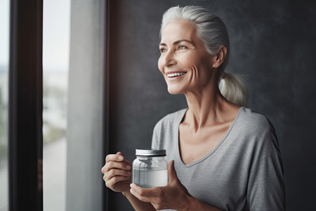an older woman holding a cup of coffee and smiling while looking out the window in her living room at home. Generative Aiの素材