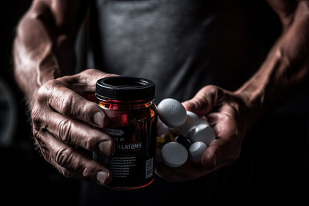 an older man holding a bottle of pills in one hand and two white pills in the other, on a dark background. Generative Aiの素材