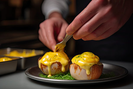 some food on a plate with a person holding a knife and forking it into the eggs that have been cooked. Generative Aiの素材