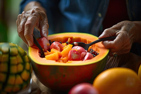 someone holding a knife in a bowl filled with fruit and oranges on a table next to some lemons. Generative Aiの素材
