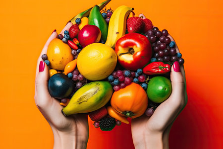 two hands holding up a bunch of assed fruit on an orange background with the words,what are you eating? . Generative Aiの素材