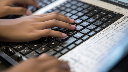 someones hands typing on a laptop keyboard with the help button highlighted in black and white text over it. Generative Aiの素材