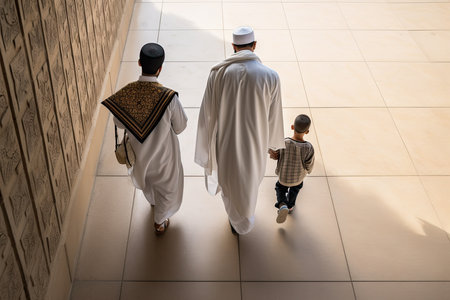 two men walking down the street with a small child in his hand and an older man standing next to them. Generative Aiの素材