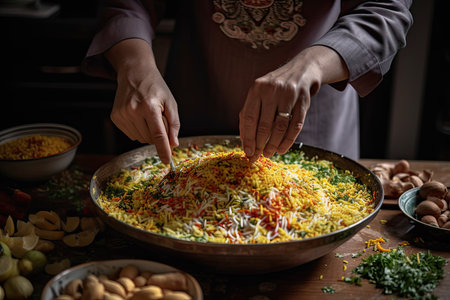 someone putting the toppings into a bowl of shredded chicken and vegetable salad on a wooden table with other ingredients. Generative Aiの素材