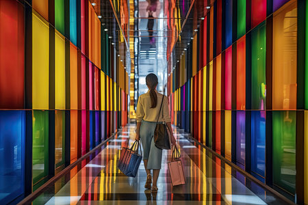 a woman walking down a long hallway with colorful glass walls on either side of her and back to the camera. Generative Aiの素材
