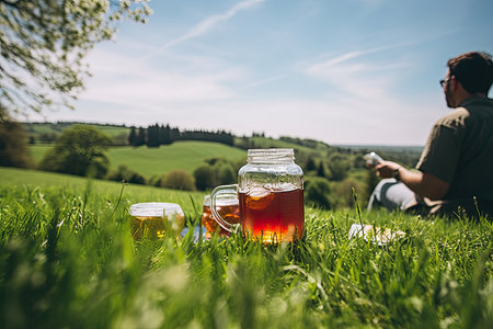 a man sitting in the grass next to a jar of honey and two cups of tea on his lapel. Generative Aiの素材