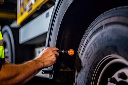 a man changing the tire on a semi - truck in an automotive repair shop, close up shot with shallow focus. Generative Aiの素材