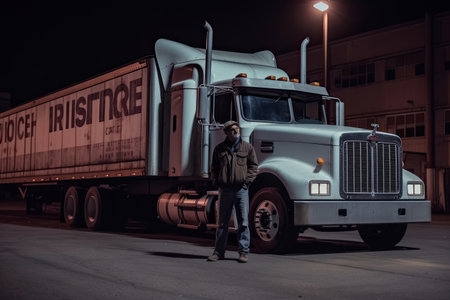 a man standing in front of a semi - truck that is parked on the side of the road at night. Generative Aiの素材