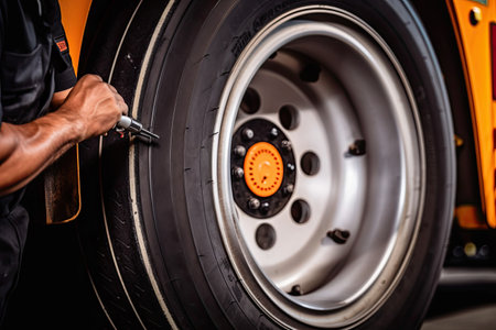 a mechanic changing the tire on a truck in an auto repair shop, close up shot with focus to the wheel. Generative Aiの素材