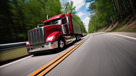 a red semi truck driving down the road with trees and blue sky in the background, as seen from the drivers perspective. Generative Aiの素材