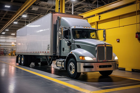 a semi truck parked in a large industrial area with yellow paint on the walls and flooring around the vehicle. Generative Aiの素材