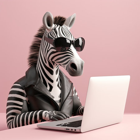 a zebra sitting in front of a laptop with sunglasses on its head and looking at the computer screen. Generative Aiの素材