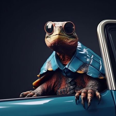 a turtle wearing sunglasses and sitting in the back seat of a blue car with his hands on its head stock photo. Generative Aiの素材