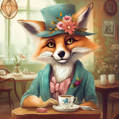 a fox wearing a top hat and holding a tea cup in front of a table with an open book on it. Generative Aiの素材