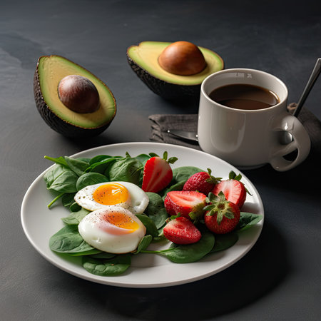an egg, strawberries, and avocal on a white plate with a cup of coffee in the background. Generative Aiの素材