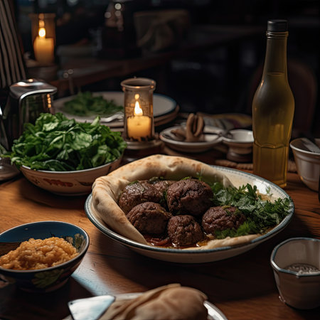some food that is on a table with other plates and uts in front of the plate there are candles. Generative Aiの素材