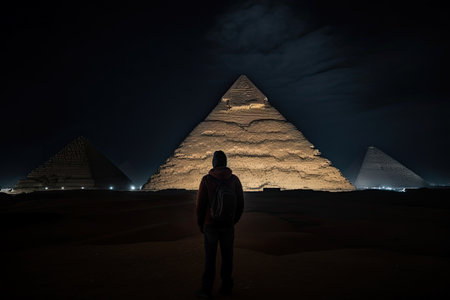 a man standing in front of the great pyramids at night time, with lights on his face and body. Generative Aiの素材