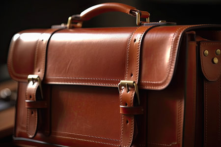 a brown leather briefcase on a black background with copy space in the top right hand - held image is taken from above. Generative Aiの素材