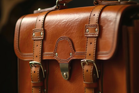an old brown leather bag on a black background with copy space in the middle part of the image is blurred and blured. Generative Aiの素材