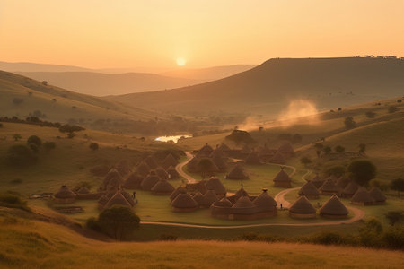 the sun setting over an area with small houses and hills in the distance, as seen from a hill top. Generative Aiの素材