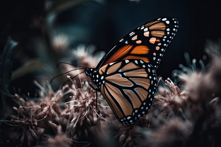 a monarch butterfly sitting on top of some white flowers in the background is a dark blue sky and green foliage. Generative Aiの素材