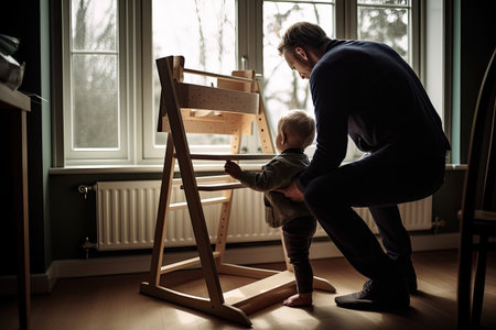 a man and a small child in front of a wooden chair with one leg bent over the others. Generative Aiの素材