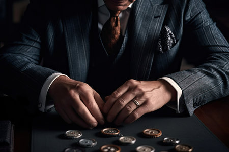 a man in a suit and tie putting coins on a black table with other mens hands behind him. Generative Aiの素材