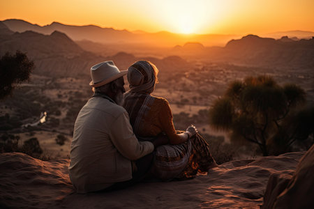 an old man and woman sitting on the edge of a cliff at sunset in wadih valley, jordan governorate, jordan. Generative Aiの素材