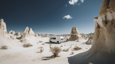a van parked in the middle of an arid area with tall rocks and sparse trees on either side of the road. Generative Aiの素材