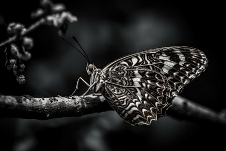 a black and white butterfly on a branch with leaves in the foregrounded background photo taken at night time. Generative Aiの素材