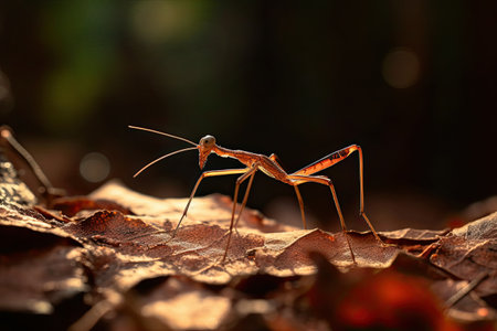 two ants standing on top of some leaves in the woods, one is looking at the camera and the other looks like an ant. Generative Aiの素材