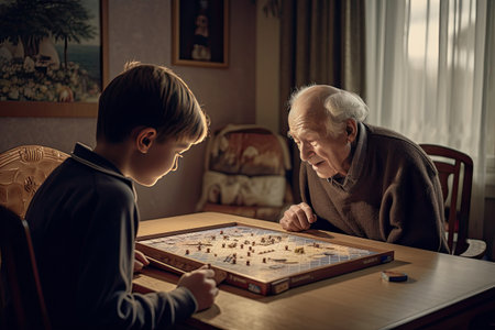 an older man and young boy playing board games in their living room, with sunlight streaming through the window behind them. Generative Aiの素材