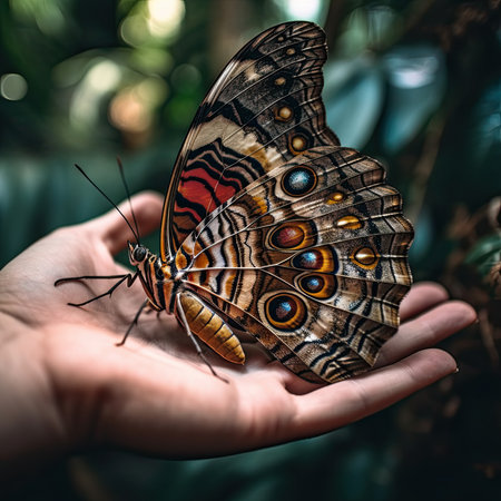 a butterfly being held in someones hand, with the image of an insect on its wings. Generative Aiの素材