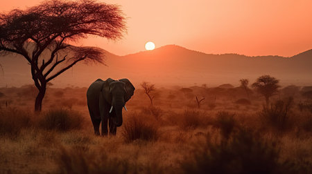 an elephant standing in the grass at sunset with trees and mountains in the background, taken from behind himalaa. Generative Aiの素材