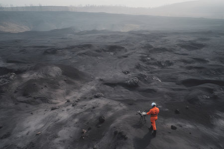a man in an orange suit standing on the ground with mountains and hills in the background, as seen from above. Generative Aiの素材