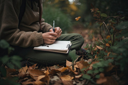 someone writing on a note book in the middle of some leaves and fallen tree branches, with a pen stuck to it. Generative Aiの素材